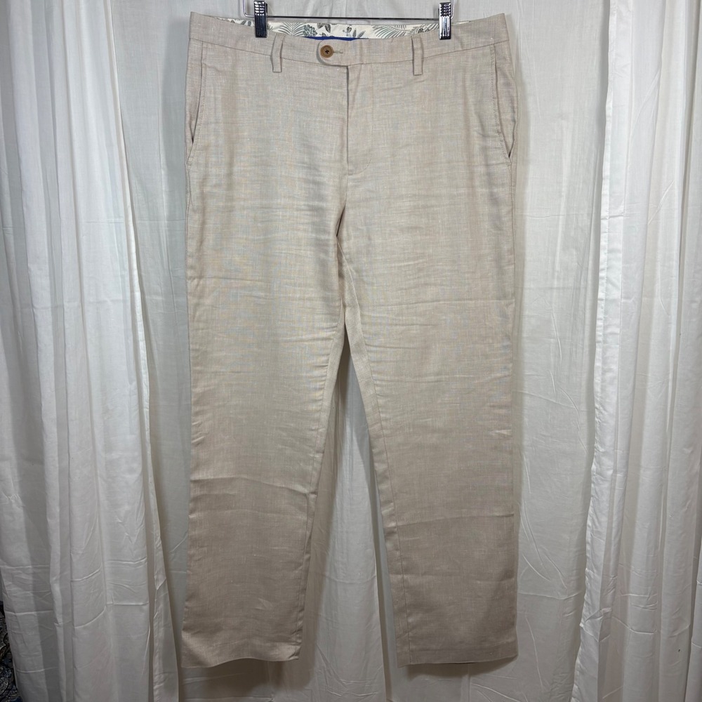 Tommy Bahama Linen Blend Flat‎ Front Chinos Pants Tan Beige Size 34 30L